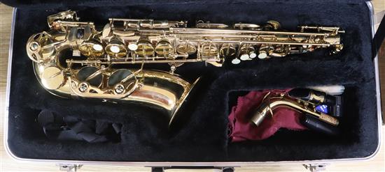 A cased Palatino saxophone